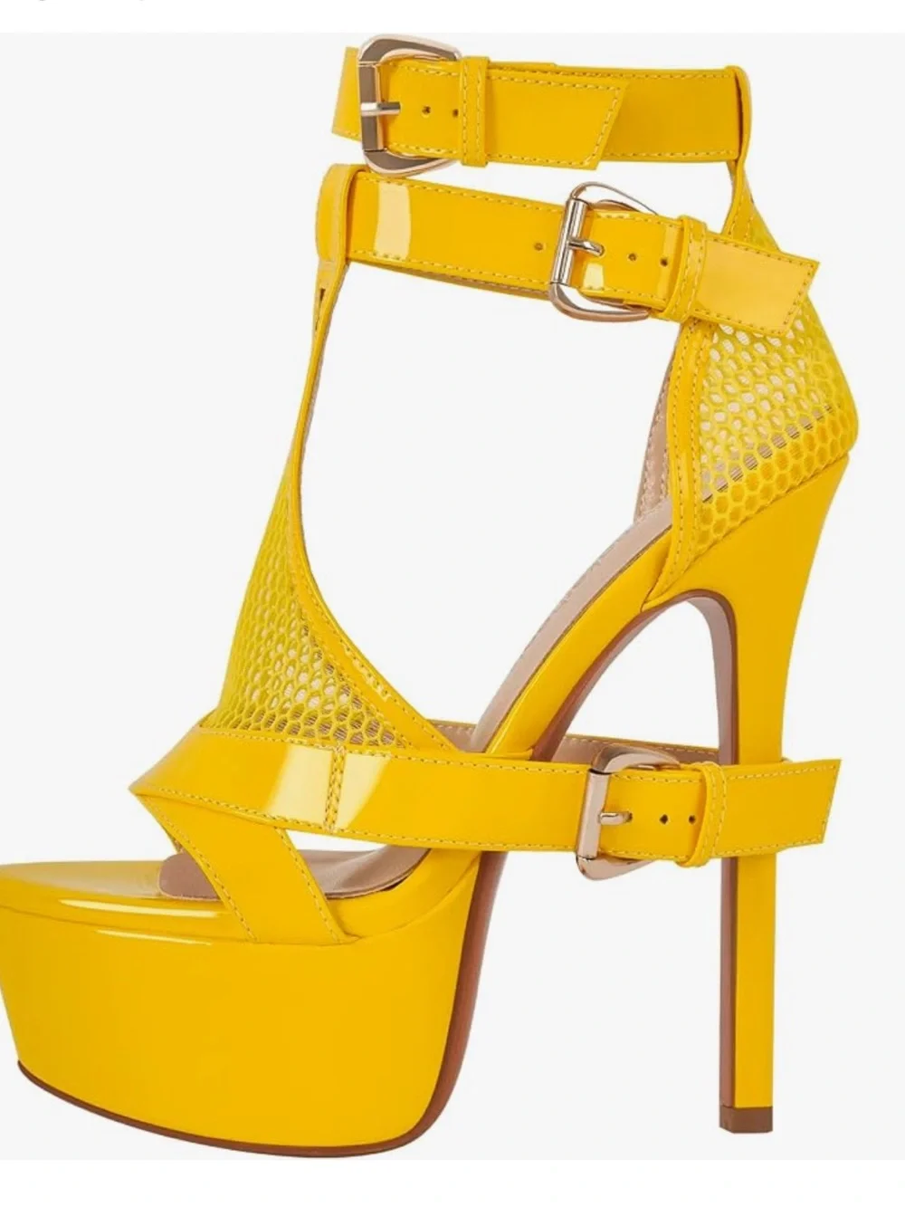 Yellow Patent Platform High-Heel Sandals with Ankle Straps (NEVER WORN)